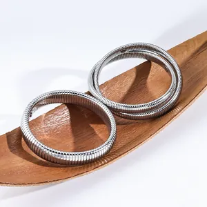 Polished silver stainless steel gaspipe snake bone cuff bracelet set for women