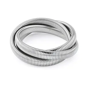 Polished silver stainless steel wide stretch tubogas snake bone bracelet for women