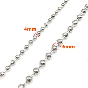 Polished stainless steel ball chain comparison showing 4mm and 6mm diameter bead sizes
