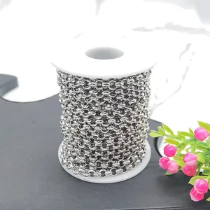 Detail of silver stainless steel pearl bead chain wrapped on a white plastic spool