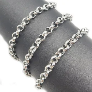 Classic silver stainless steel rolo chain necklace with polished round links on a display