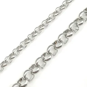 Bright silver stainless steel rolo chain necklaces in two thickness variations on white