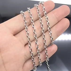 Polished silver stainless steel rolo chain for DIY jewelry making held by hand