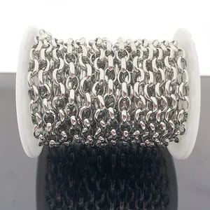 Macro detail of silver stainless steel interlocking O-ring chain on a white spool