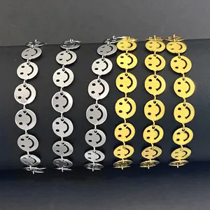 Polished stainless steel smiley face chain bracelets in gold and silver finishes