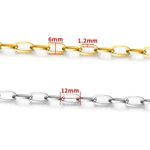 Polished stainless steel oval link chain in gold and silver finish, 12x6mm link size