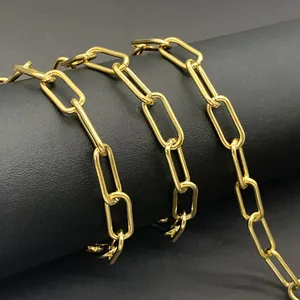 Polished gold paperclip chain necklace made of stainless steel displayed on black pedestal