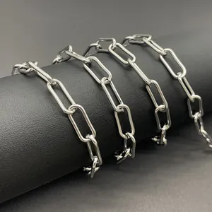 Polished silver stainless steel paperclip chain necklace on display stand