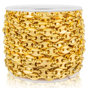 Golden stainless steel coffee bean mariner chain on a white spool for DIY jewelry making