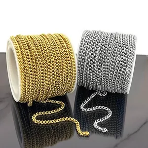 Polished gold and silver stainless steel curb chain rolls for DIY jewelry making