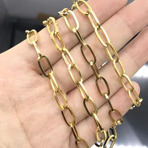 Golden stainless steel paperclip chain links held in hand for DIY jewelry sizing