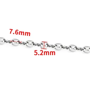 Polished stainless steel coffee bean chain links measuring 7.6mm by 5.2mm