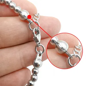 Polished stainless steel ball chain with lobster clasp and secure connector link details