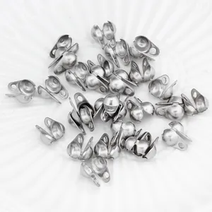 Detailed view of silver stainless steel fold-over cord ends for DIY jewelry making