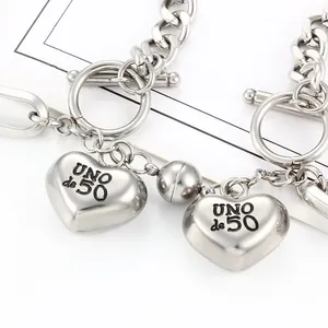Collana a catena in acciaio inossidabile argento con doppi cuori e chiusura magnetica