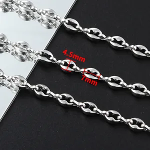 Polished silver stainless steel coffee bean chain jewelry with 4.5mm x 7mm link dimensions