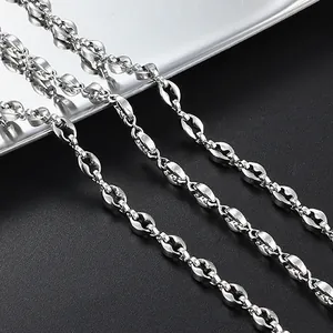 Polished silver stainless steel puffed mariner coffee bean link chain for DIY jewelry