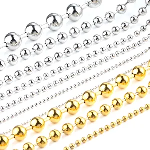 Detail of silver and gold stainless steel ball chains in various bead sizes and finishes