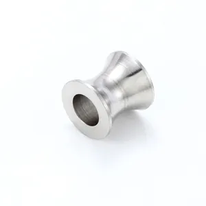 Macro detail of silver stainless steel saddle plug spacer bead with a hollow tunnel core