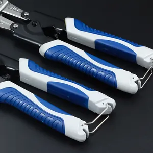 Close-up of ergonomic blue and white CR-V steel wire cutters with handle locking mechanism