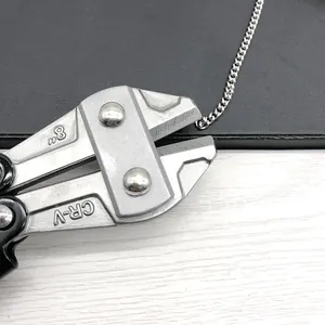 Close-up of 8 inch CR-V steel bolt cutters cutting through a stainless steel chain