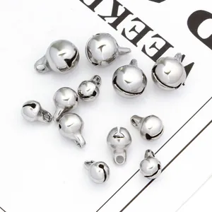 Various sizes of polished silver stainless steel hollow bells for DIY jewelry making