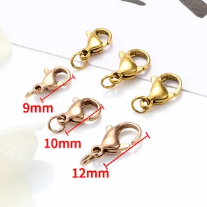 Stainless steel lobster clasps in gold and rose gold finishes, 9mm to 12mm jewelry findings