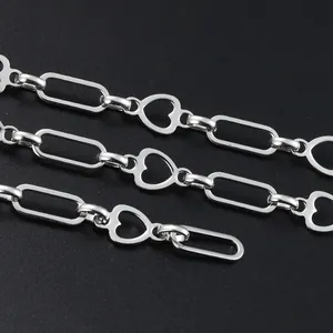 Macro shot of silver stainless steel chain with heart-shaped links and oval rings