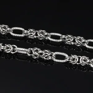 Byzantine style stainless steel chain with textured oval links on black reflective background