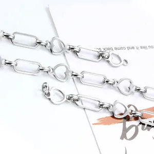 Detailed view of silver stainless steel chain with heart and rectangular open links