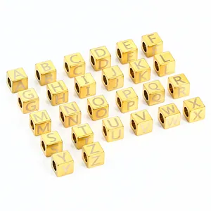 Polished 7mm gold stainless steel alphabet cube beads A-Z for DIY jewelry making