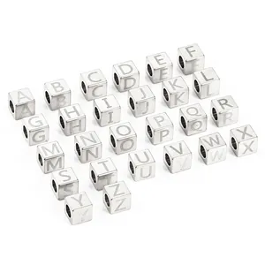 Set of 7mm stainless steel square alphabet beads with A-Z engravings for DIY jewelry making