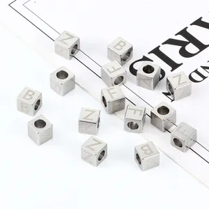 Polished stainless steel 7mm square alphabet cube beads for DIY jewelry making