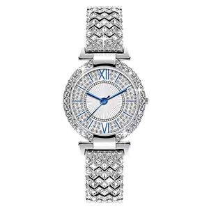 Montre à quartz luxe argentée pour femme avec strass et cadran élégant à rayons de soleil