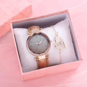Women Fashion Quartz Watch Heart Bracelet Gift Set Starry Glitter Dial Luminous Hands Faux Leather Strap Elegant Ladies Timepiece