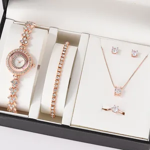 Set Orologio al Quarzo con Strass da Donna alla Moda Con Bracciale Collana Anello Orecchini Oro Rosa Argento Lega Orologio da Polso Set Regalo Gioielli