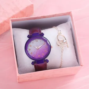 Women's watch and heart bracelet set in gift box with purple glitter dial and leather strap