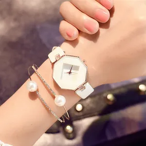 Elegant rose gold octagon watch with white leather strap and pearl bracelet set