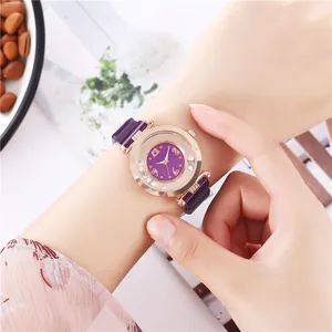 Fashionable purple quartz watch for women with rose gold case and magnetic mesh strap