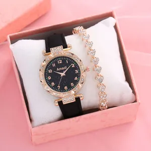 Set Orologio al Quarzo Donna Cielo Stellato Cassa in Lega Strass Cinturino in Ecopelle Con Bracciale a Cuore Set Regalo Gioielli