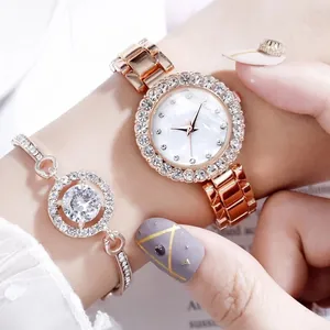 Luxury Women Rhinestone Quartz Watch Bracelet Set With Mother Of Artificial Pearl Dial Alloy Metal Link Fashion Jewelry Accessory