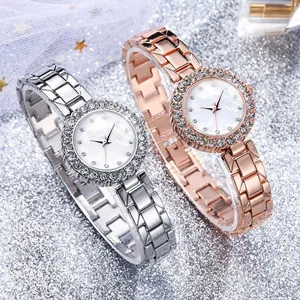 Luxurious silver and rose gold watches with rhinestone bezel and mother-of-pearl dial