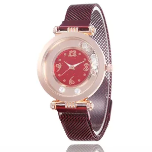 Fashion Women Quartz Watch Rose Gold Alloy Case Milanese Mesh Magnetic Strap Sparkling Dial With Moving Rhinestones Star Heart Design