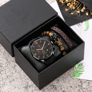 Men's gift set featuring a black quartz watch and beaded bracelets in a stylish gift box