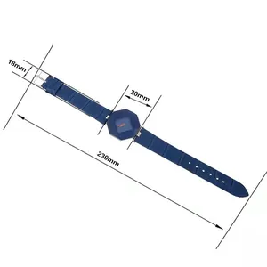 Detailed size chart of a navy quartz watch showing 30mm dial and 18mm leather strap