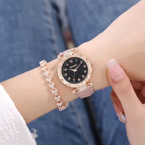 Set orologio da donna cielo stellato con cinturino in pelle rosa e bracciale strass