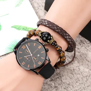 Detail showing Geneva men's watch with calendar and two stylish beaded bracelets