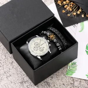Men's gift set featuring a Geneva watch with white dial and two black beaded bracelets