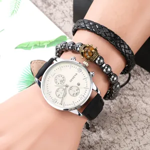 Men's gift set featuring a Geneva quartz watch with a black leather strap and beaded bracelets
