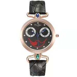 Women's black leather watch with rose gold case, Joker smiley face dial and rhinestones